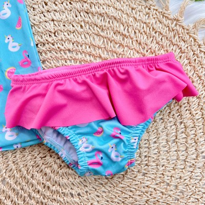 Linha Praia - Blusa com Proteção UV50+ e Calcinha - Flamingos e Unicórnios - Verde Água 